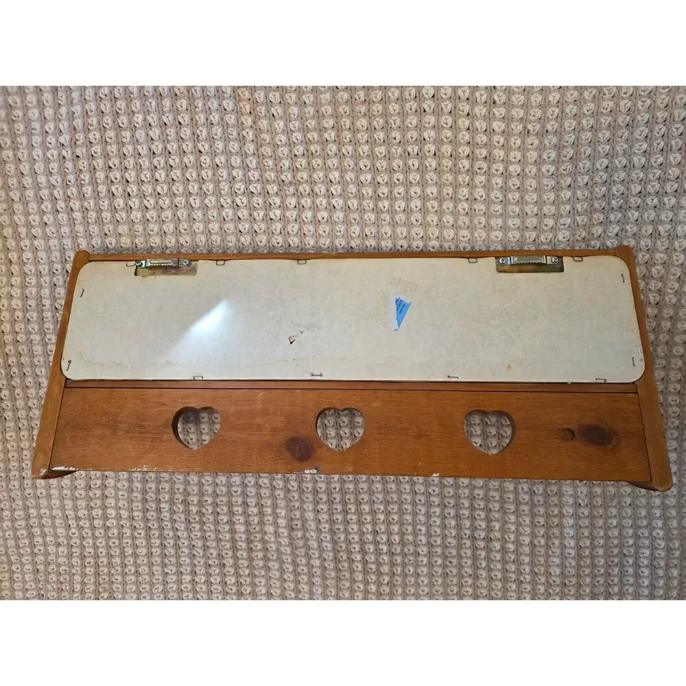 Vintage Wooden Punched Copper Pineapple Wall Shelf with Heart Cutouts & Pegs EUC